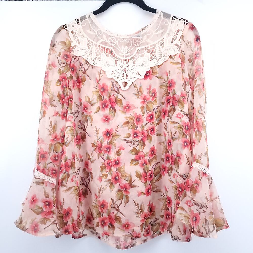 Disney Lauren Conrad Collab Sheer Lace Floral Blouse Bell Sleeve Lace Neckline M - Picture 2 of 14